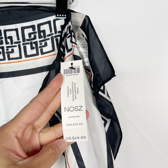 New Chicos Tropical Floral BC Square Scarf White Black Geometric Blue Yellow - Picture 9 of 10